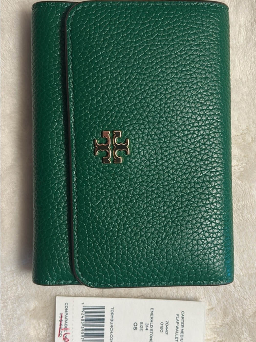 NWT Tory Burch Green Pebbled Leather Wallet